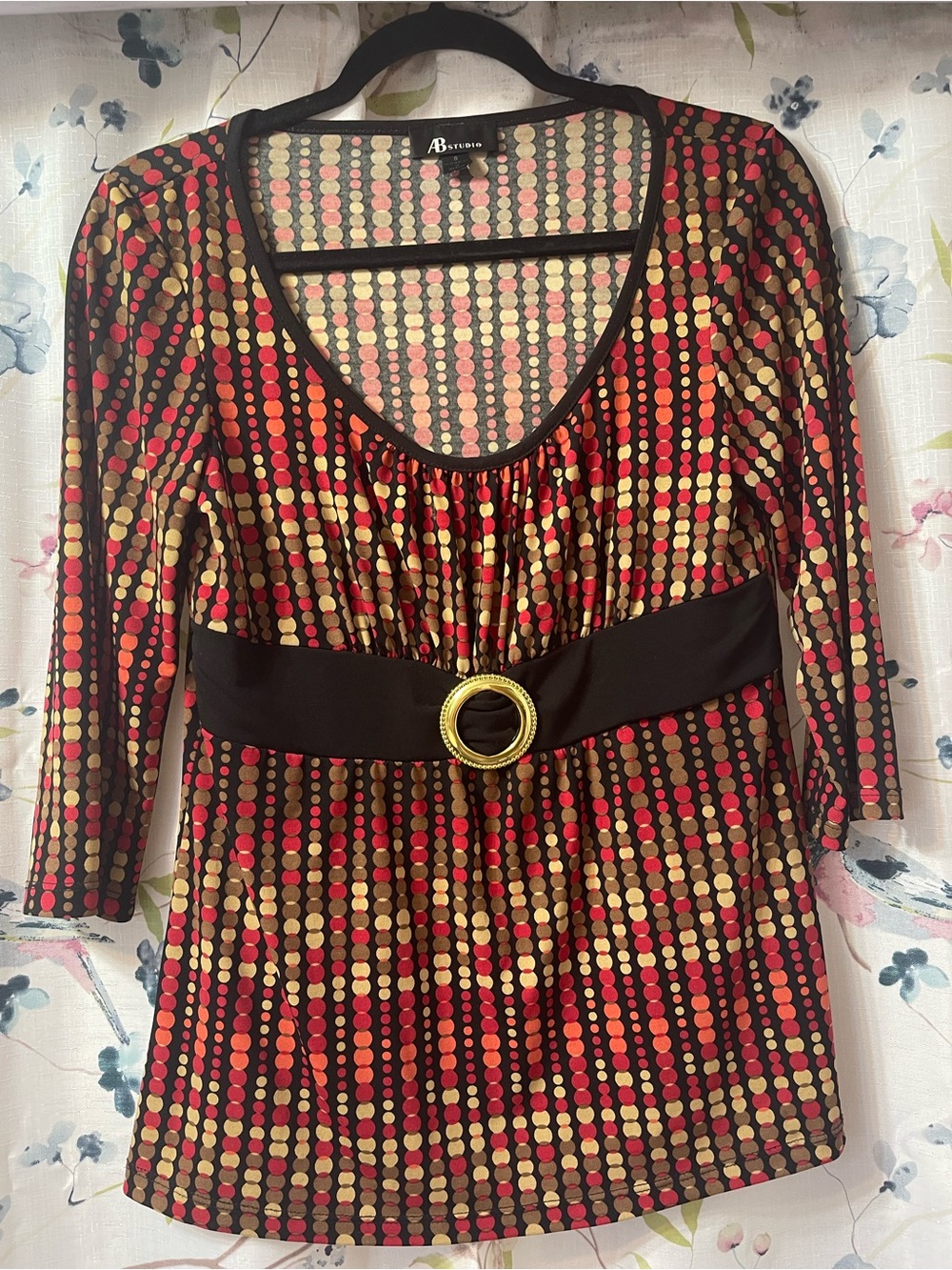 AB Studio Red, Gold and Black Dot-Print Scoop Neck Long Sleeve Top with Belt